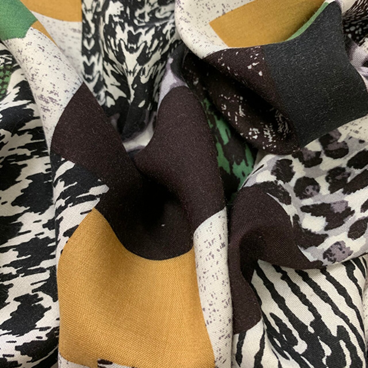 Green and Gold Patchwork Print Rayon Challis Fabric By the Yard